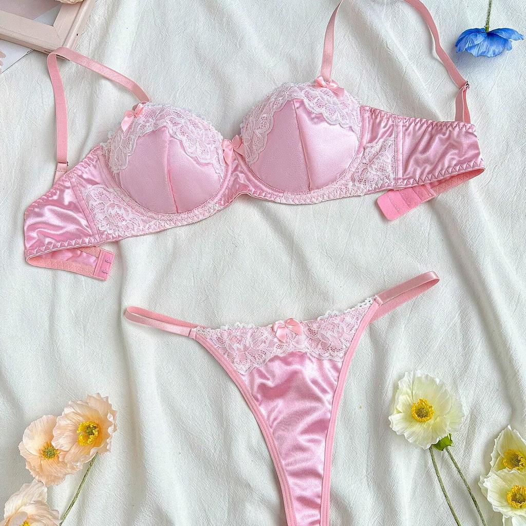 New European and American Bra Set Sweet Pink Lace Edge Slim Gathering Bra Sexy Underwear Set