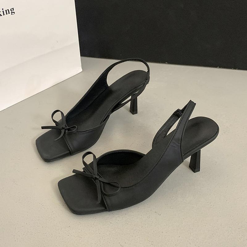 New bow-tied back strap high heels for women's 2025 new summer outer wear one-word with temperament open-toed square head sandals