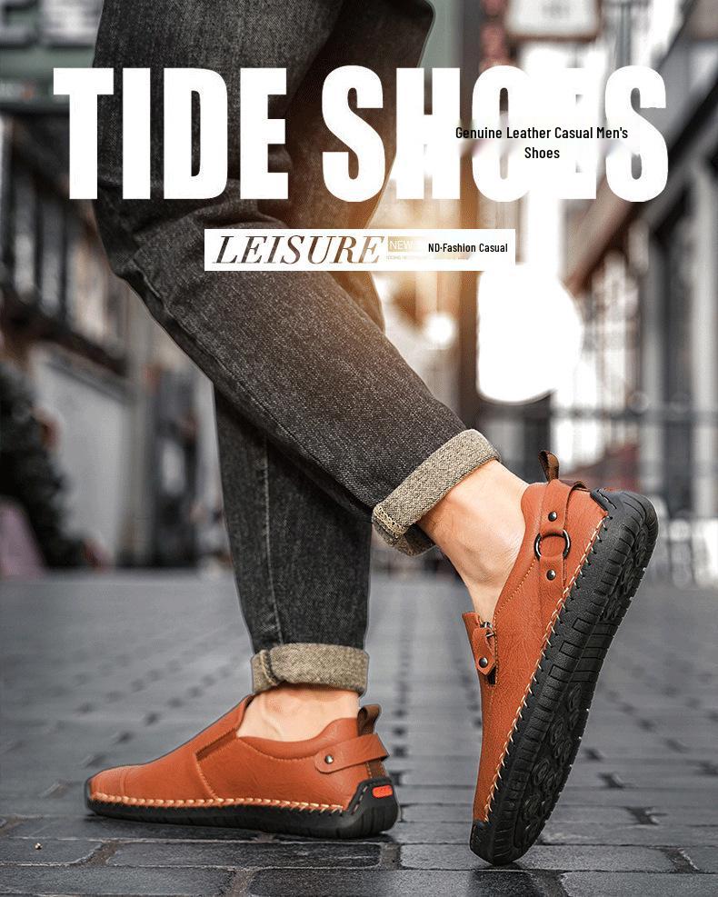 Men's Autumn Casual Leather Slip-On Shoes, Large Size, Soft Sole, Non-Slip, Hand-Stitched, Side Zipper