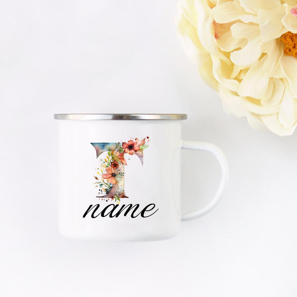 Personalisierte Blumige Initialen Namensbecher Benutzerdefinierter Name Tee Kaffee Heiße Schokolade Tasse Braut Brautjungfer Muttertag Geschenk für Sie