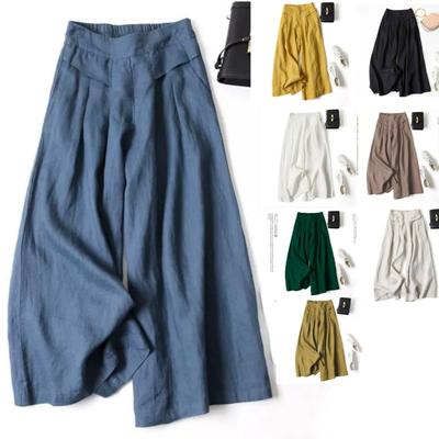 Women's Loose Semi Elastic High Waist Thin Artistic Cotton and Linen Wide Leg Skirt Pants