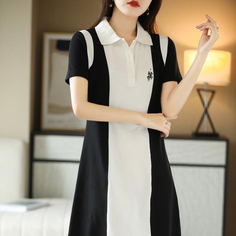 

Платье-поло с вышивкой для женщин Летом Новое Модное и Универсальное С коротким рукавом Юбка средней длины Юбка в стиле кампус XXXL чёрный