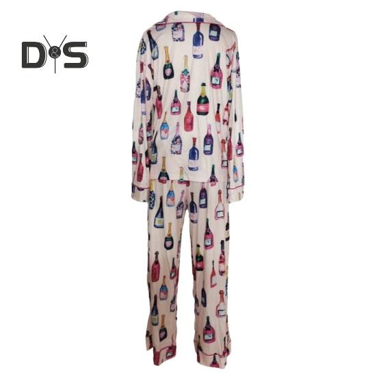 Dámské pyžamo s dlouhým rukávem a knoflíky na láhev šampaňského, košile a kalhoty na spaní, ležérní sada s potiskem sklenic na víno, 2dílná sada domácího oblečení
