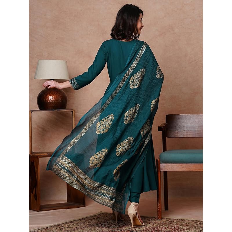 GoSriKi Women's Rayon Blend Solid Anarkali Kurta with Pant & Dupatta (Magic-KEROSIN-NB-GS_M_Dark Blue_Medium)