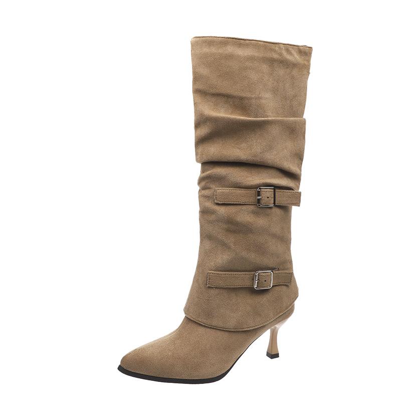 Pointed high-heeled skinny boots women's boots 2025 new autumn thin-heeled khaki suede piled knight boots