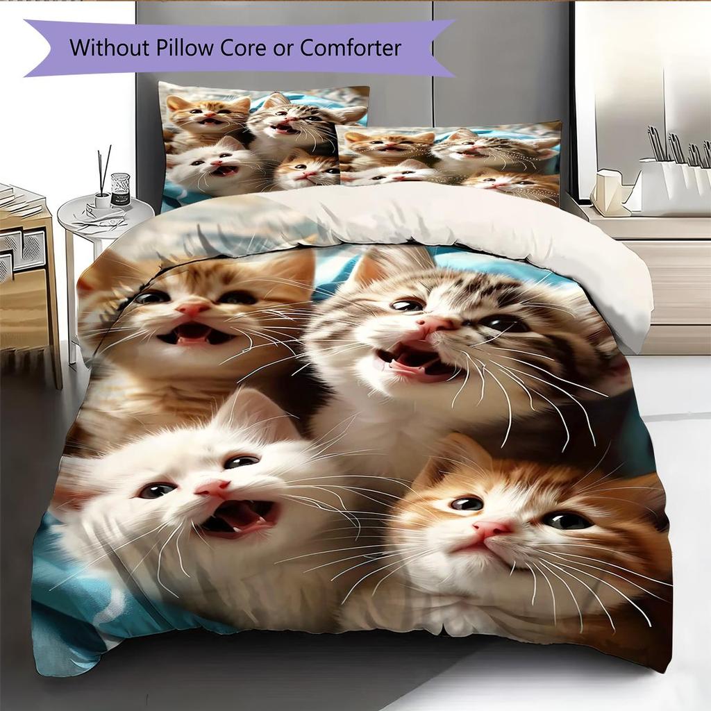 1PC Cute Cat Theme Pattern Bedding Quilt Set Quilt Cover Pillowcase Home Decoration Birthday Gift (1 * Duvet Cover + 2 * Pillowcase, Without Core)
