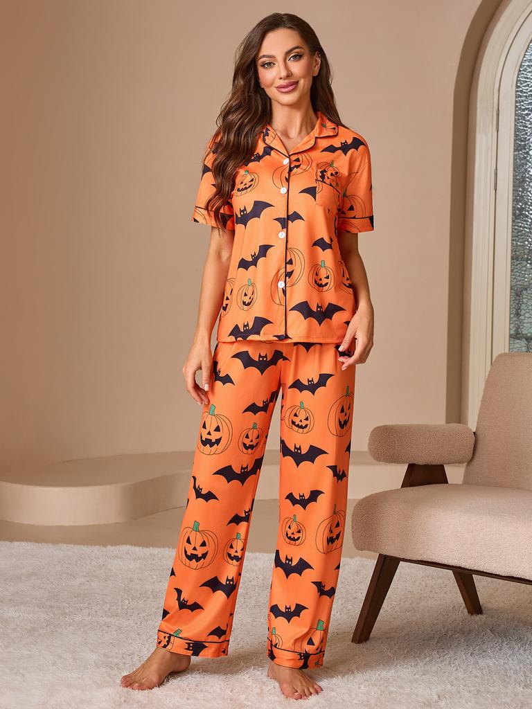 Damen-Pyjama-Set mit offenem Vorderteil und Halloween-Print, mit kurzärmeligem Oberteil und langer Hose – Damen-Loungewear