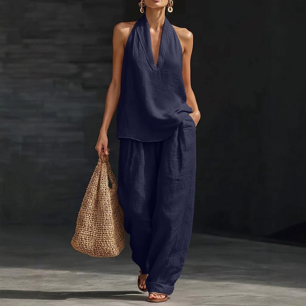 Spot European and American Cross-border Amazon Large-size Women's Set Hanging Neck V-neck Cotton and Linen Blended Commuter and Leisure Two-piece Set