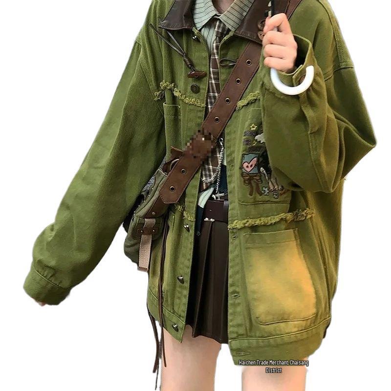 2025 Playful Green Embroidered Denim Jacket - Spring/Autumn Retro Style | Free Shipping