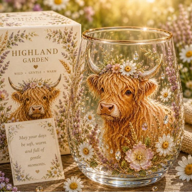 Vintage Painted Animal & Floral Gold Rim Glass Tumbler, Egg-shaped Lead-Free Glass Cup, Creative Gift Cup for Whiskey, Juice and Water