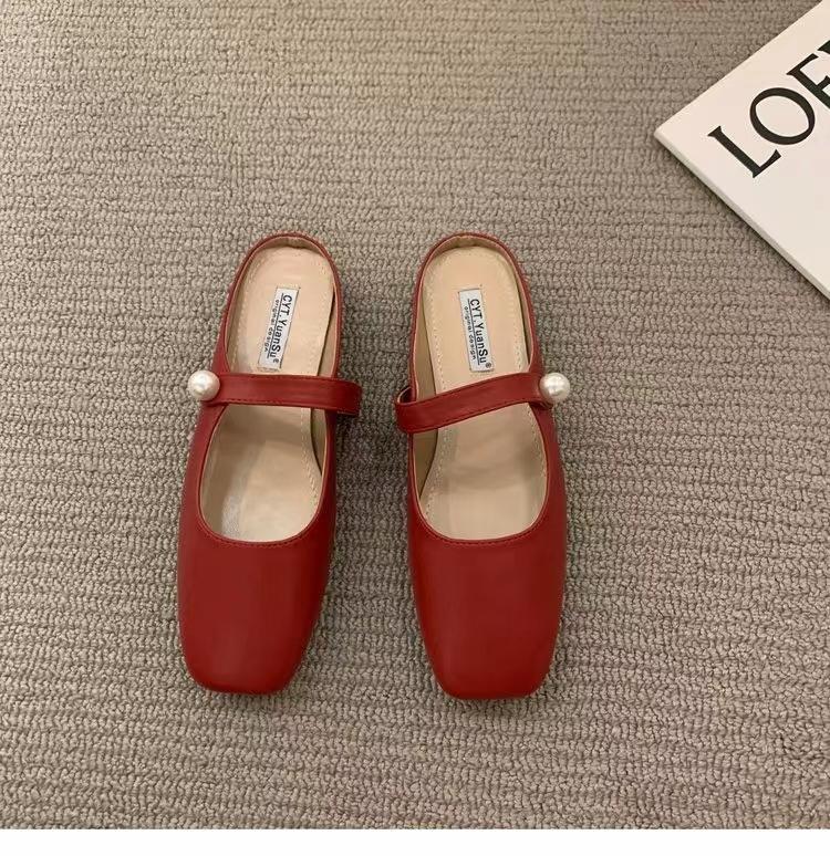 Fashion Women Slippers Fashion Flats Brand Design Square Toe Ballet Casual Basic Buckle Strap Female Dress Spring Autumn Pearl Shoes
