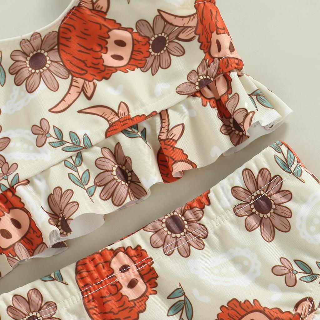 Baby Girls Bikini Set, Flower/Bull Head Print Fly Sleeve Vest with Elastic Waist Briefs Bathing Swimsuit for Summer Beach