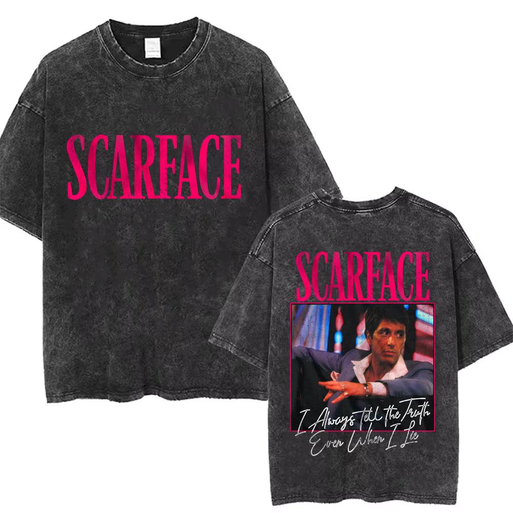 Movie Scarface Vintage Washed Tshirt Tony Montana Face Al Pacino Oversized Tshirts Men Women Fashion Hip Hop Gothic T Shirts
