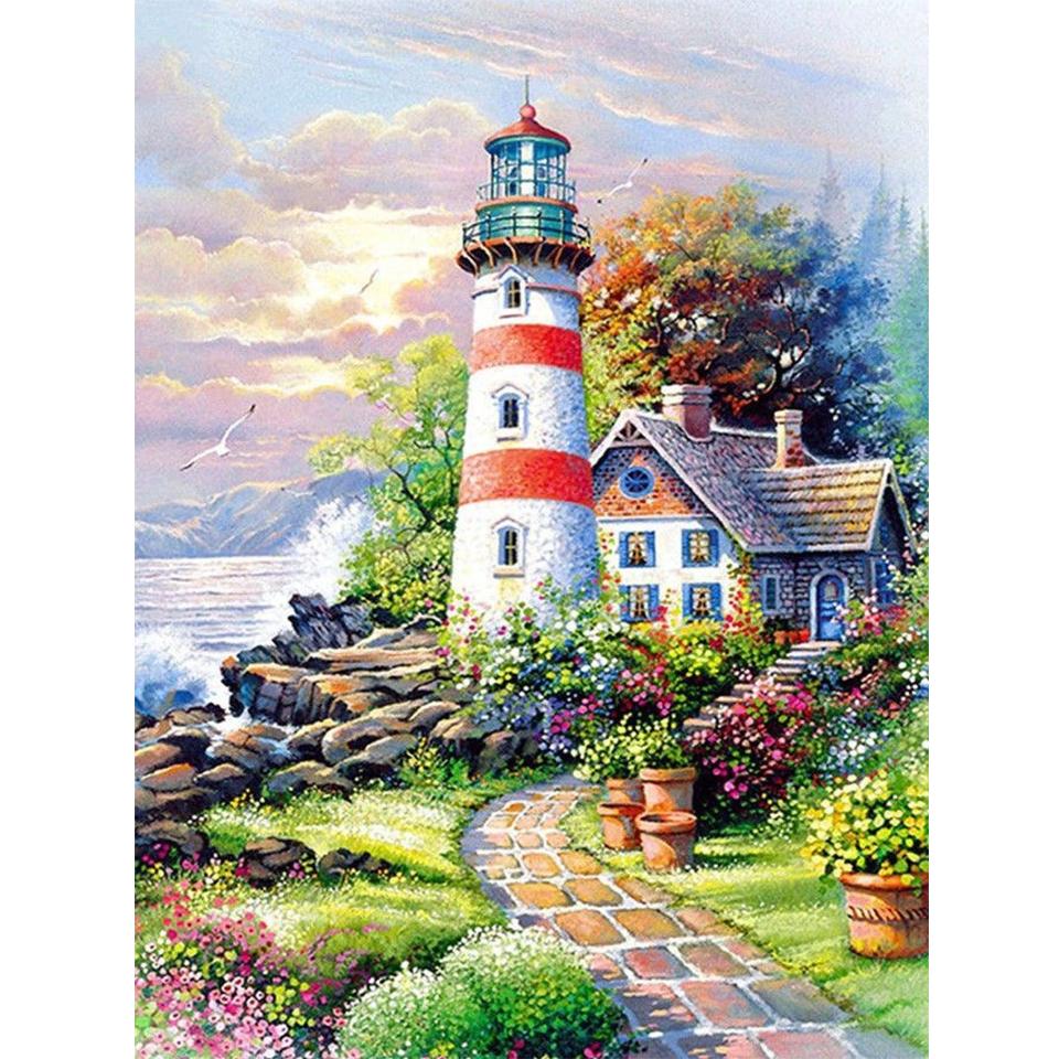 5D DIY Diamond Painting Landscape Rhinestone Cross Stitch Kit Diamond Embroidery Coastal Lighthouse Mosaic Picture Decoration