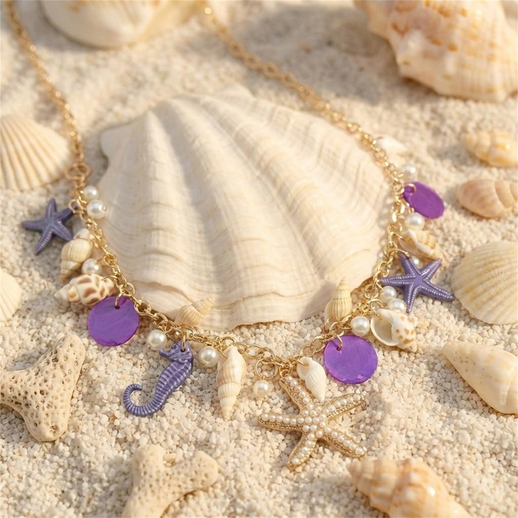 Boho Exaggerated Starfish Conch Pendant Necklace for Women Seahorse Shell Imitation Pearl Metal Chain Choker Beach Party Jewelry