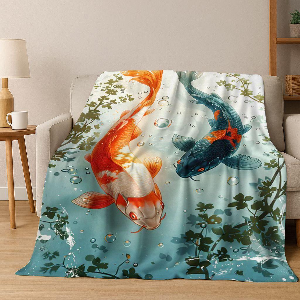 Luxuriöse Glückskarpfen Yin Yang Karpfen Cartoon Flanell Decke, Gemütliche Weiche Überwurfdecke für Zuhause Schlafzimmer Bett Sofa Abdeckung Geschenk Kind