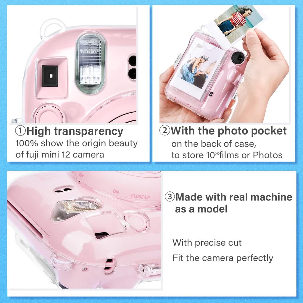 kinokoo Instax Mini 12 Case, Fujifilm Instax Mini 12 Clear Case with Film Storage Pocket and Shoulder Strap