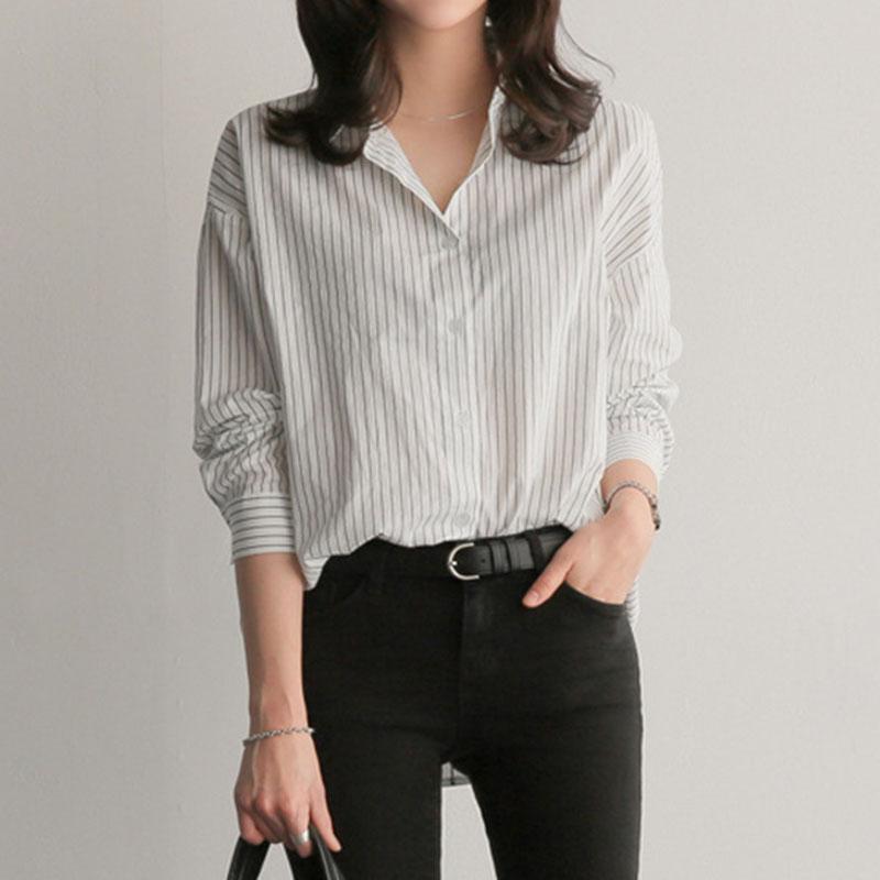 Loses Damen-Shirt, große Größe, langärmelig, gestreift, lässiges Damen-Top