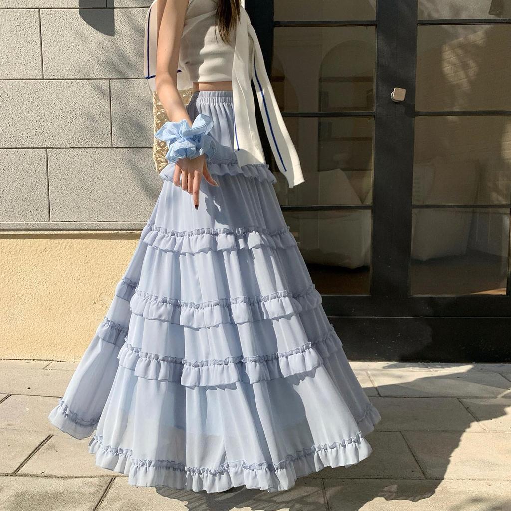 Women's French Ruffled Chiffon A-Line Dress - Slimming High Waist Fairy Skirt for Spring 2026