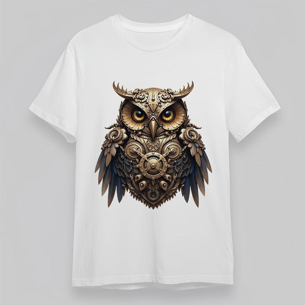 

Women s Soft T-Shirt Steampunk Owl Metallic Gear Tee White Cotton Short Oversize S