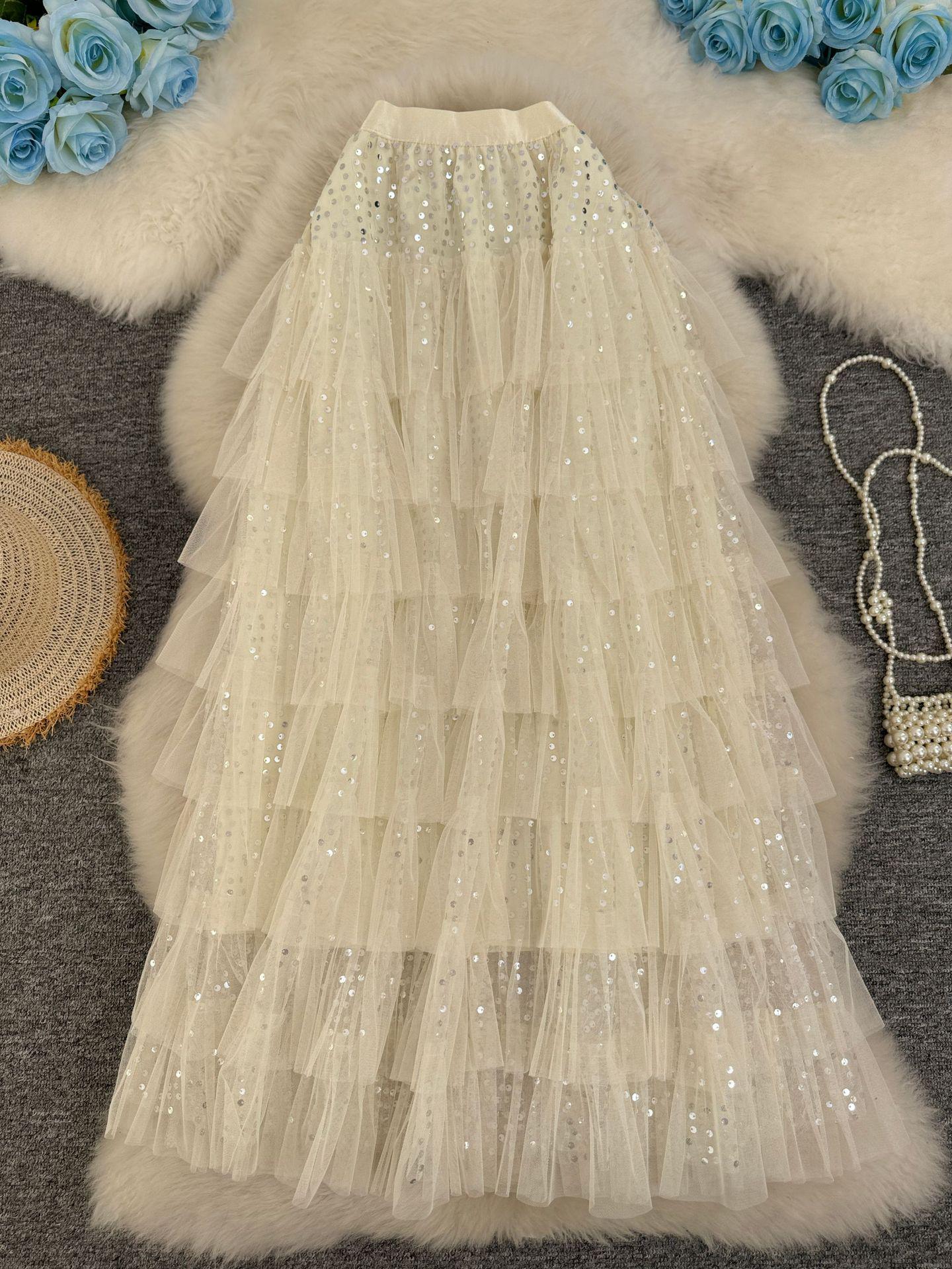 

High-Waisted Sequined Layered A-Line Skirt One Size абрикосовий