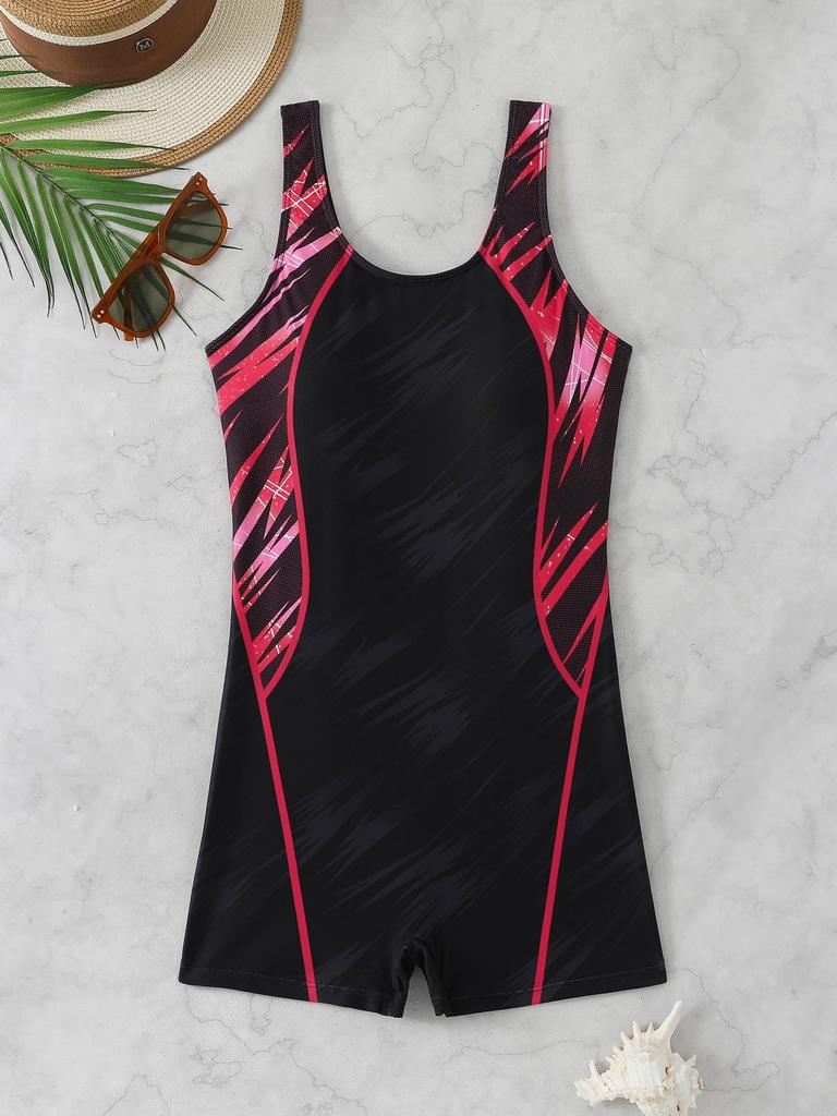 2026 Women's Sporty One-Piece Boyshort Swimsuit - European & American Printed Edition, Conservative Beach Swimwear