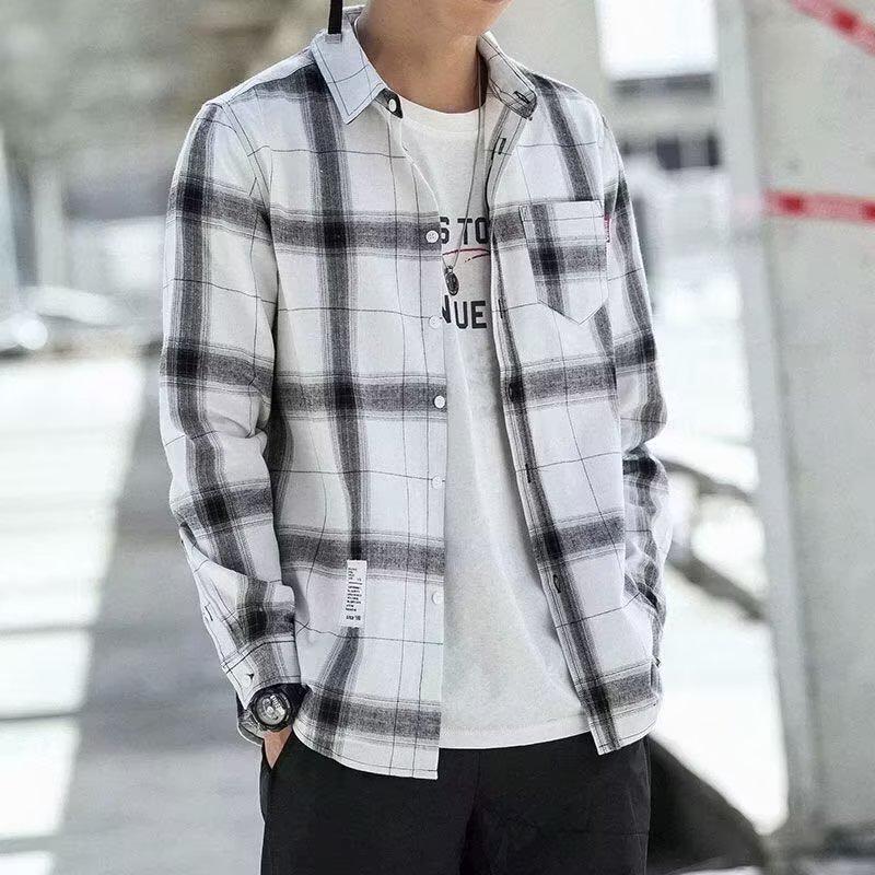 Men's Long Sleeve Korean Plaid Shirt - Hong Kong Style Spring/Autumn Trend