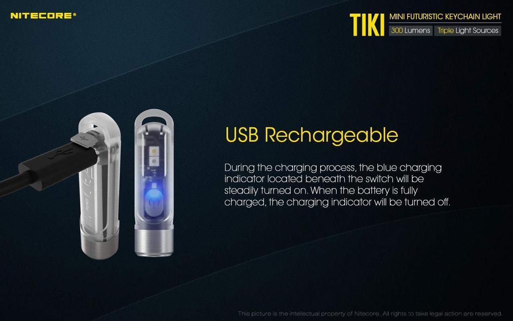 NITECORE TIKI Mini Futuristic LED Keychain Light 300 Rechargeable Steel Lumens-Built-in Li-ion battery-Stainless