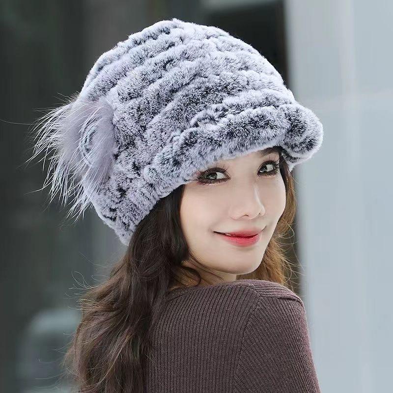 Rex Rabbit Fur Hat Genuine Fur Ear Protection Thick Warm Fashionable Fox Fur Flower Duckbill Cap New All-match Autumn and Winter Women's Hat