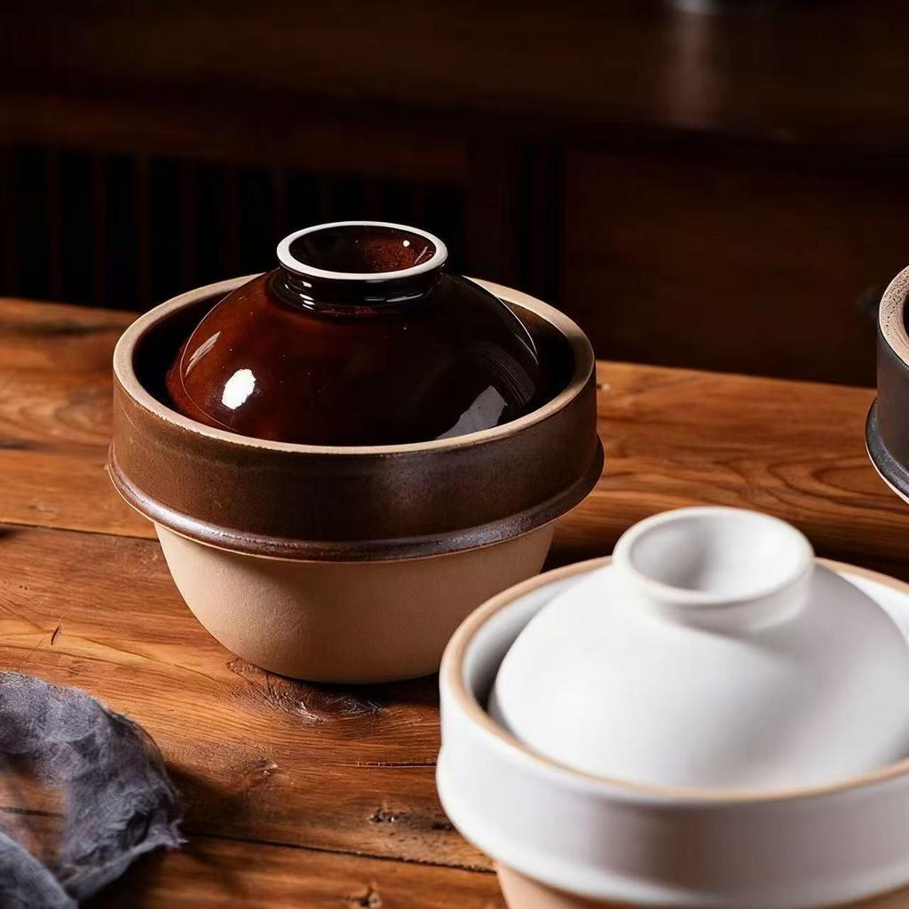 Japanese Earthenware Double-Lidded Pot for Soup, Congee, Claypot Rice - High Temp Resistant, Suitable for Gas Stoves, Dry Firing.