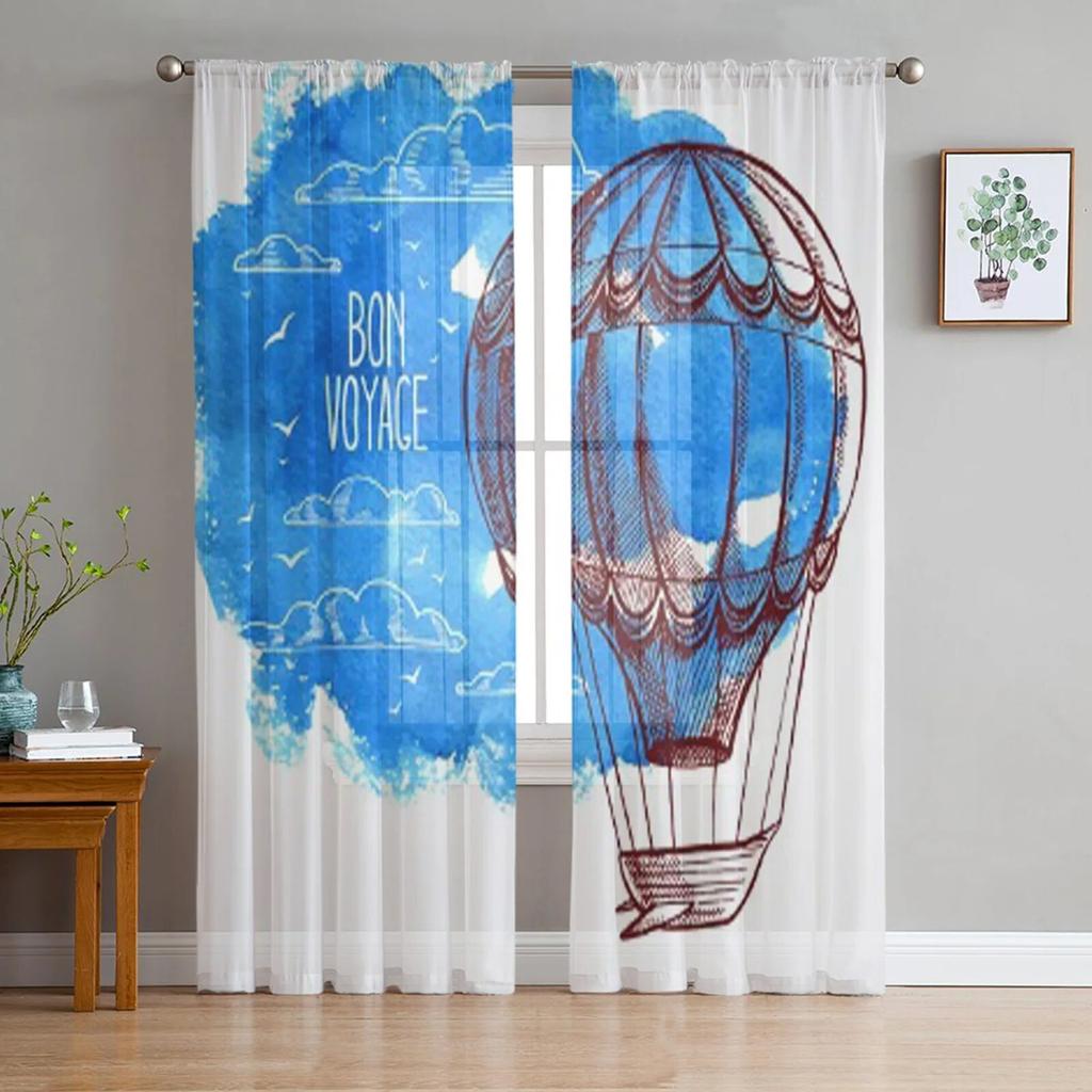 Retro Kort Flygende Ballong Blå Chiffon Gjennomsiktige Gardiner for Stue Soverom Kjøkken Dekorasjon Vindu Voiles Tyllgardin