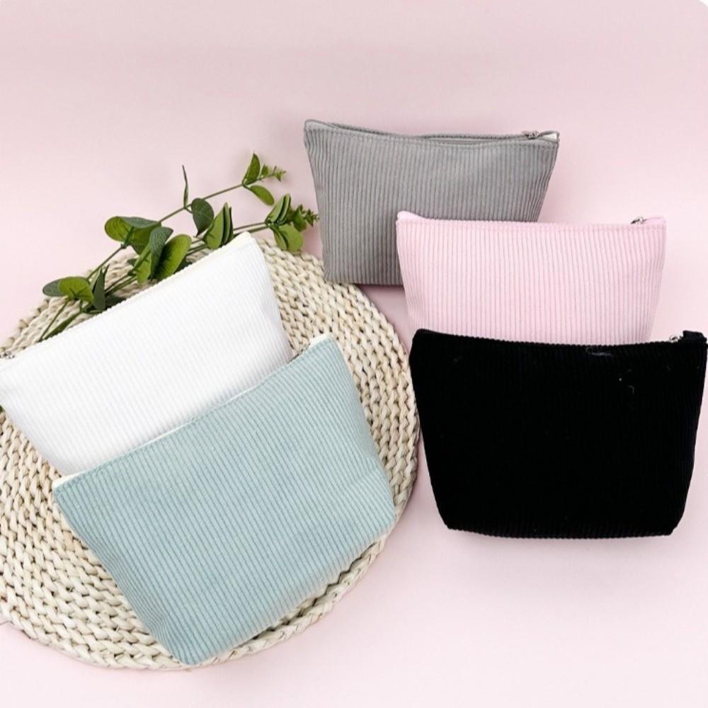 Durable Corduroy Cosmetic Organizer Pouch Portable Zipper Toiletry Bag Storage Bag Travel Use