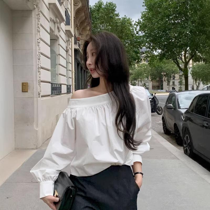 Korean Chic 2026 Spring/Autumn Off-Shoulder Puff Sleeve Shirt for Women