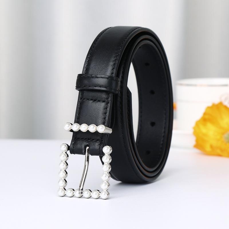 2.4Cm Wide Leather First Layer Cowhide Belt Women'S Versatile Pearl Button Head Fashion Trend Casual Pants Belt Women'S