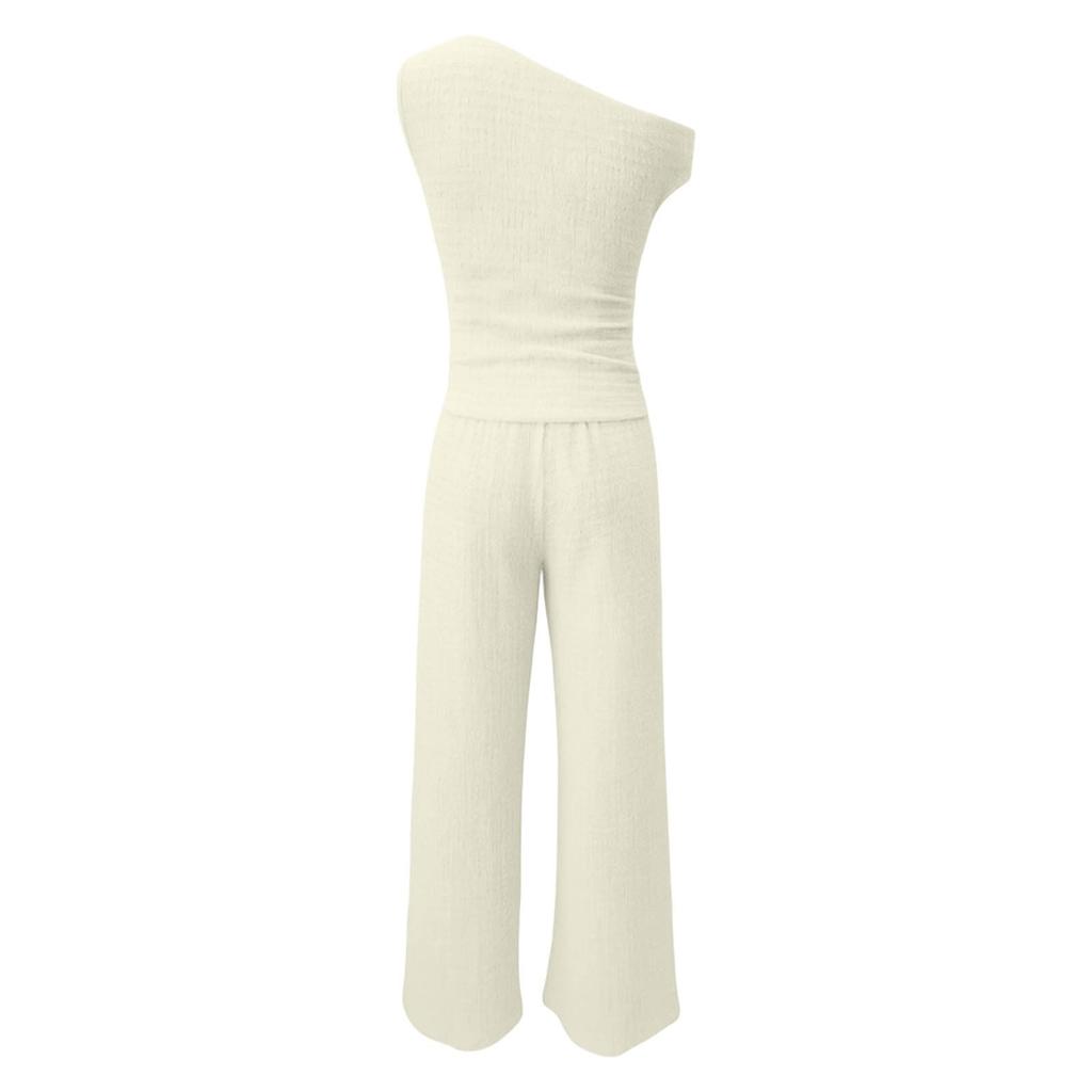 Damen Sommer Zweiteiler Ein Schulter Kurzarm Top Hohe Taille Weite Hosen Freizeit Outfit