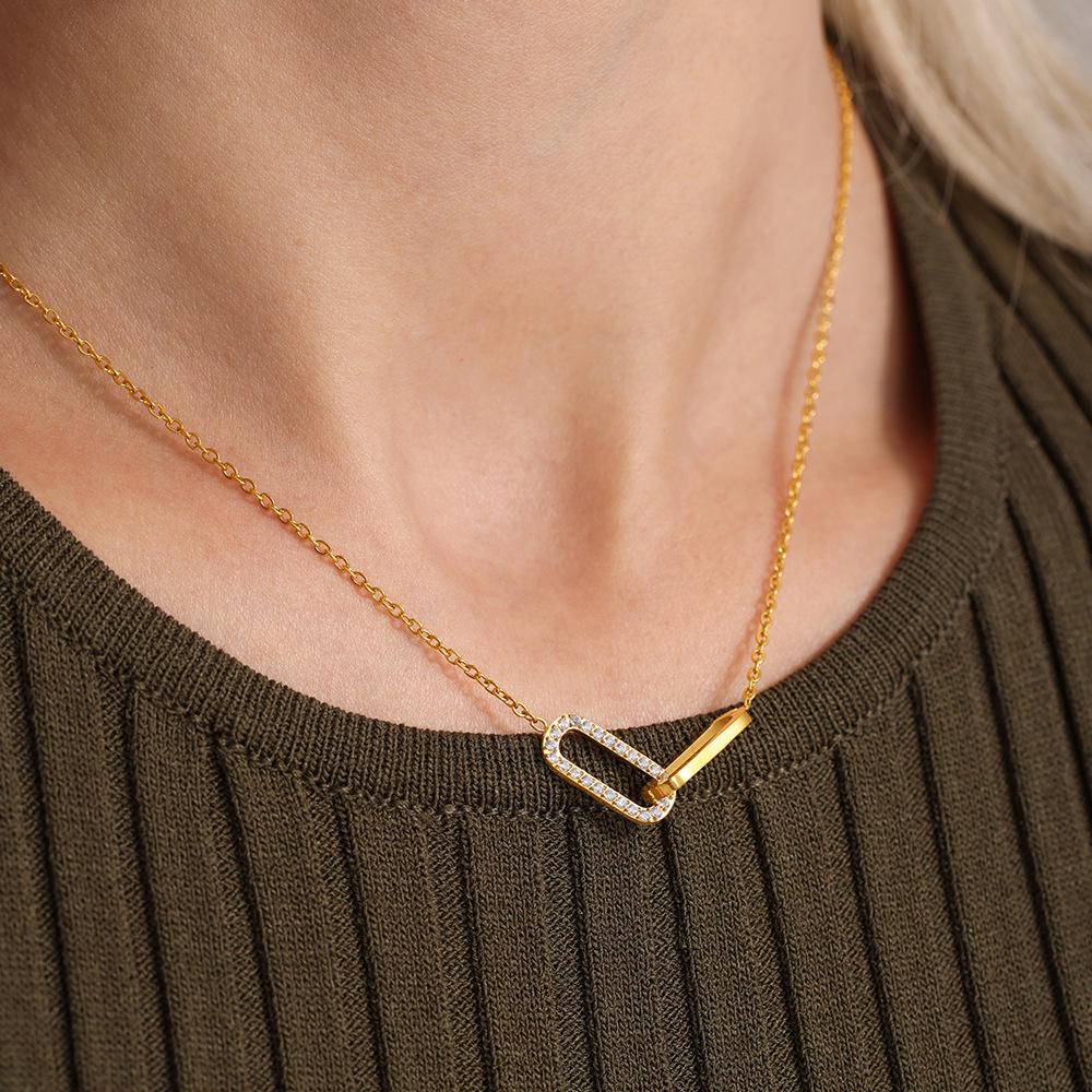 Qiong Yao Minimalist Zircon Stainless Steel Double Ring Necklace Bracelet Set - No Fading.