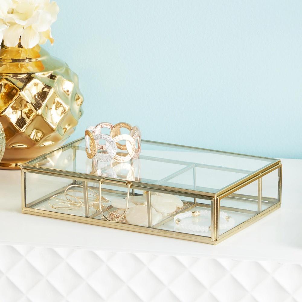 Elegant Gold Glass Jewelry Box Clear Organizer with Hinged Lid U-Shaped Handle Modern Design Durable Storage Home Decor