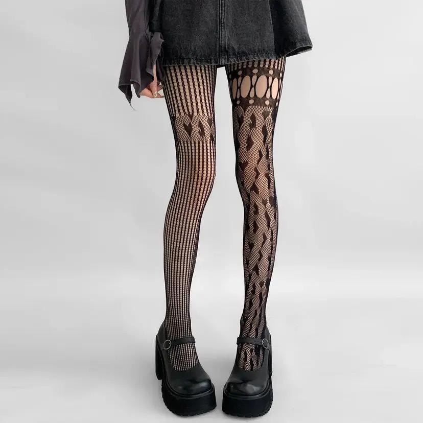 Heart Hollow Out Lace Mesh Women Fishnet Pantyhose Stockings Women Tights Lingerie Sexy Slim Y2K Body Stockings Pantyhose Tights