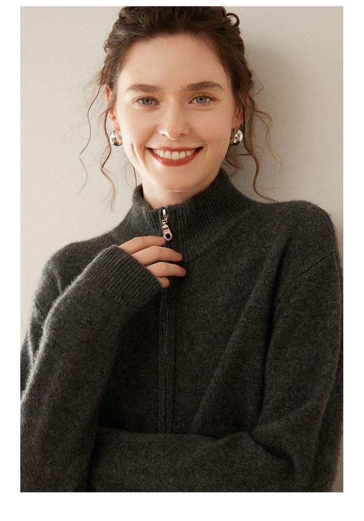 2025 Women's Casual Cashmere Knit Cardigan with Stand Collar, Loose Fit, and Zipper - Simple, Fashionable Long Sleeve Jacket