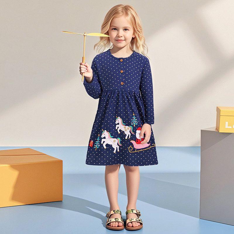 Fall and winter girl Autumn Dress Dark Blue Christmas Dress Baby Long sleeves Knitted Dress Kids Stylized pure cotton Princess Dress Dark Blue 2Y/90 Size Recommended Height 80-90cm
