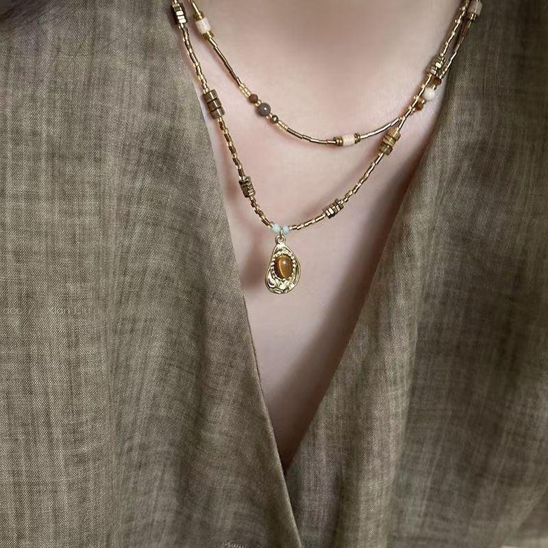 New Style Tigereye Stone Pendant Necklace Sweet And Cool Layered Choker Chain Retro Accessory Women S Necklace Jewelry Gift