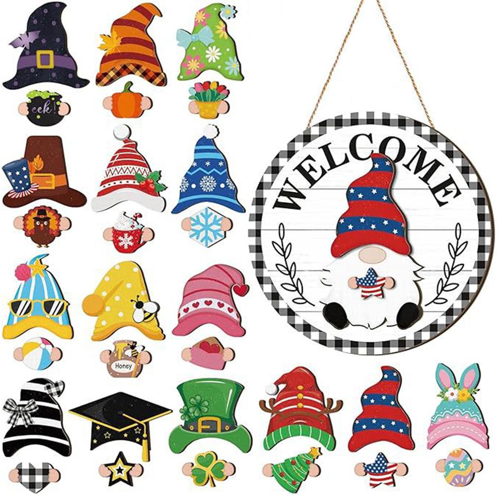 Halloween Gnome Welcome Sign with Magnetic Removable Hats DIY Gnome Door Sign Decor Multi-Purpose Creative Wood Decoration Plate