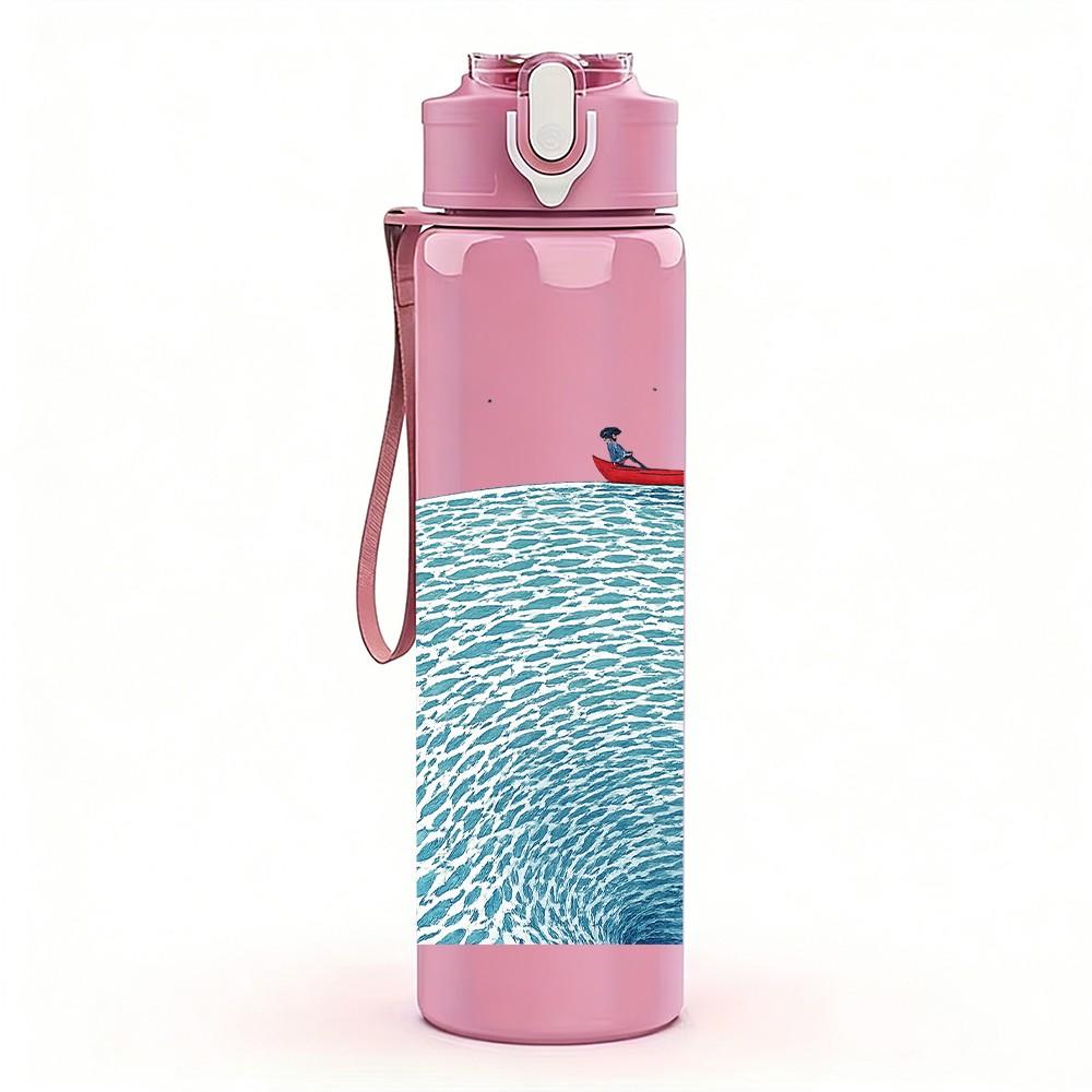 1PC Small Boat On Blue Sea Wave Print 750ml Color Plastic Sports Water Bottle Leakproof Flip Straw Lid Suitable for Sports Office Home Use
