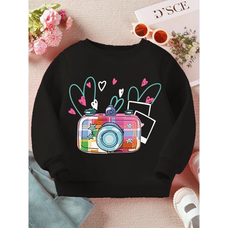 Kids Crewneck Sweatshirt, Colorful Plaid Cartoon Camera Print Long Sleeve Casual Top for Spring Autumn