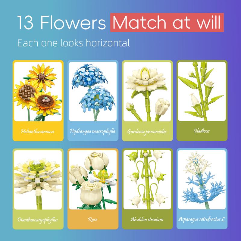 13 Flowers Building Blocks Eternal Flower Sunflower Carnation Rose Bouquet Model Bricks Girl Romantic DIY Toys Kids Toys