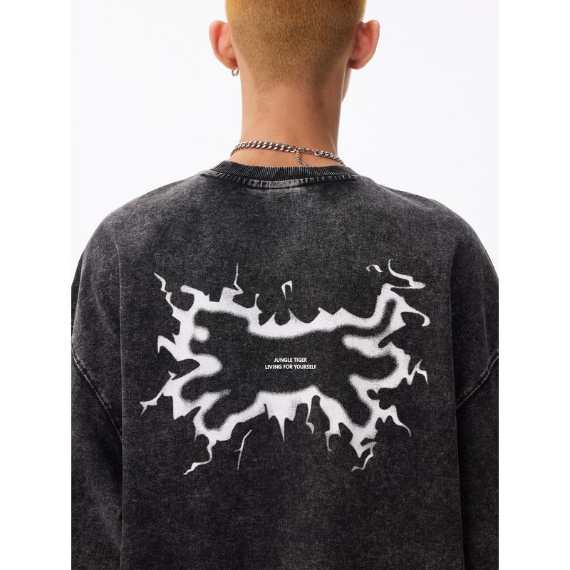 Jungle Tiger High Street Fashion Brand Running Tiger Crewneck Sweatshirt for Men, American Style Washed and Distressed 350g Heavyweight Top