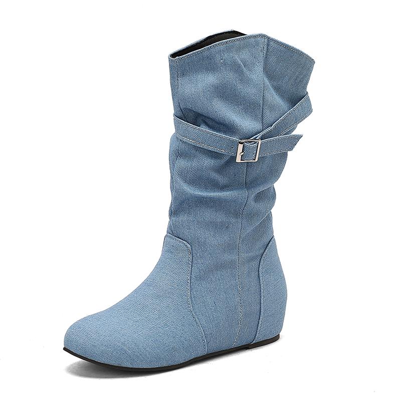 Fashion Women Mid-Calf Boots PU Pleated Boots Female Round Toe Shoes Concise Height Increasing Flat Shoes Autumn Winter Size 34-50