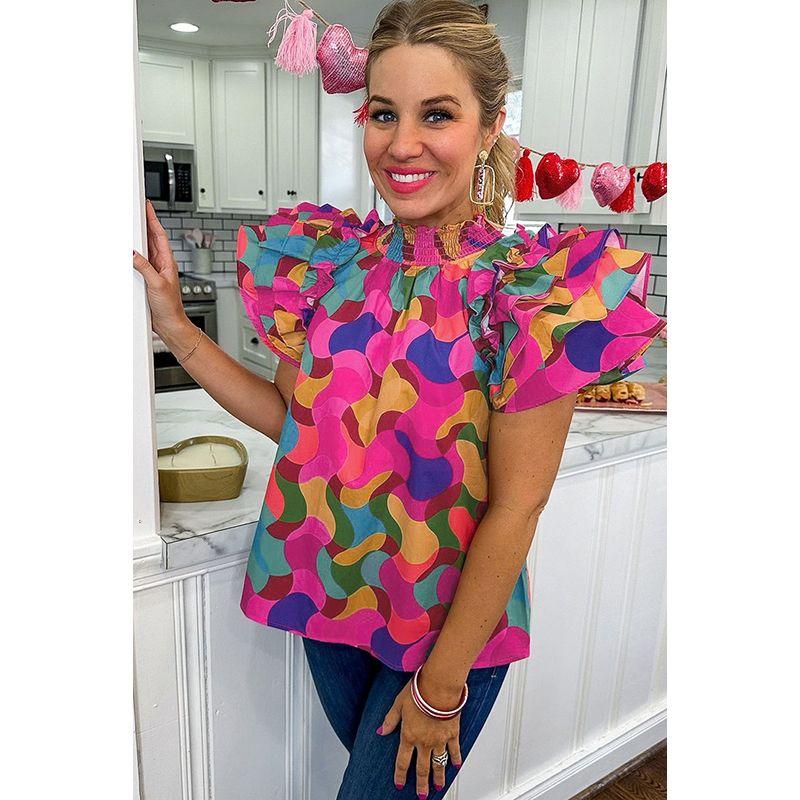 

Summer 2024 New Arrival Multi-Color Abstract Ruffled Short Sleeves Pullover European and American Leisure Style Thin Three-Quarter Sleeve Shirt Print P622 S code fits (45.00 kg-55.00 kg