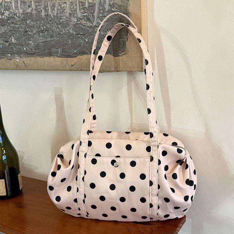 Korean Polka Dot Tote Bag Lightweight Nylon Handbag Women Casual Commute Shoulder Bag Large Capacity Sports Foldable Storage Bag
