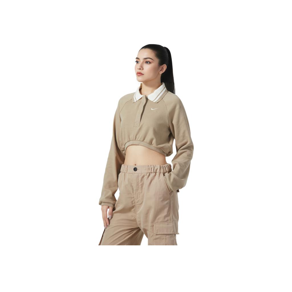 Nike Colorblock Sport Crop Polo Long Sleeve T-Shirt Women Tops Khaki FN1881-247